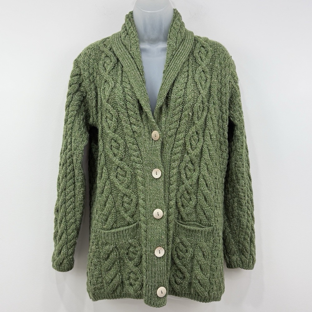 Shannon Woolen Mills Cardigan Womens M Green Wool Cableknit Shawl Collar Ireland